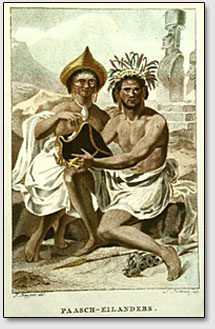 Жители острова Пасхи. Гравюра 1860 года. (Обратите внимания на отвислые мочки ушей).