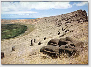 Склон потухшего вулкана Рано Рараку (Rano Raraku) усыпан каменными изваяниями моаи, по грудь находящимися в земле.