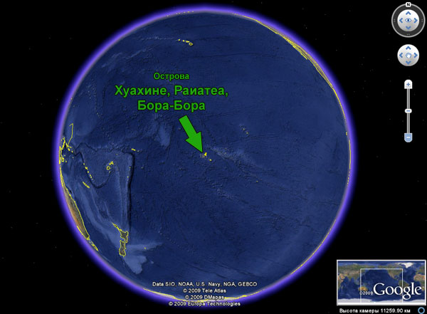 Положение островов Хуахине, Раиатеа, Бора-Бора на карте мира