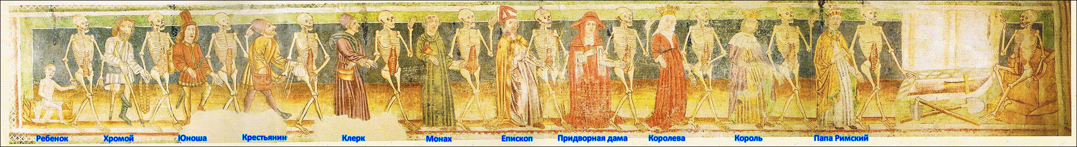 "пляски смерти" из церкви Святой Троицы, г. Храстовле, Словения, ок. 1490 г. Оригинал данной настенной иконографии сохранился в полном виде.