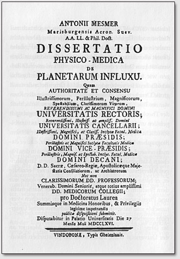 Обложка докторской работы Месмера "De Planetarum Influxu" [О влиянии планет] с указанием даты защиты данной докторской работы - 17 мая 1766 года.